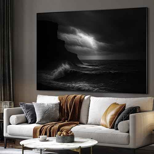 60"x72" Extra Large Framed Wall Art Dramatic Black and White Ocean Waves with Cliff and Stormy Sky for Home Living Room Bedroom Decor