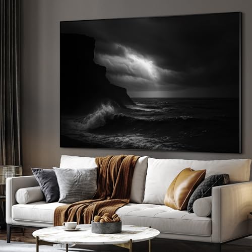 36"x46" Extra Large Framed Wall Art Dramatic Black and White Ocean Waves with Cliff and Stormy Sky for Home Living Room Bedroom Decor