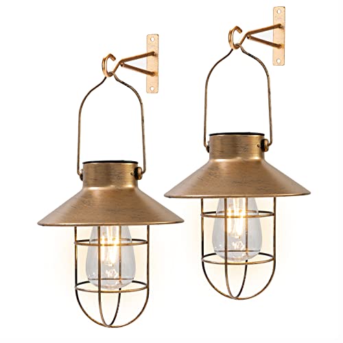 Solar Lanterns Outdoor Metal Solar Powered Hanging Lights Waterproof for Barn Wall Yard Garden Patio Garage Balcony Porch Fence Decor (2 Count)