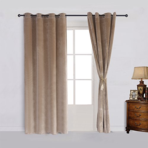 Super Soft Luxury Velvet Curtains Set of 2 Sand Color Room Darkening Blackout Drapes Drapery Cream 52 Inch Wide by 63 Inch Length with Grommet Sand