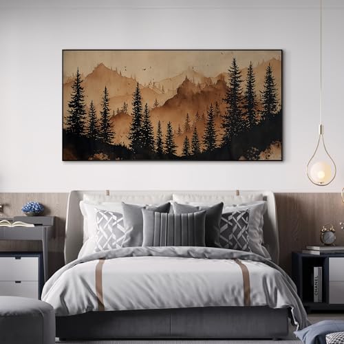 36"x72" Extra Large Framed Wall Art Rustic Mountain Pine Forest Silhouette in Warm Earth Tones for Home Living Room Bedroom Decor