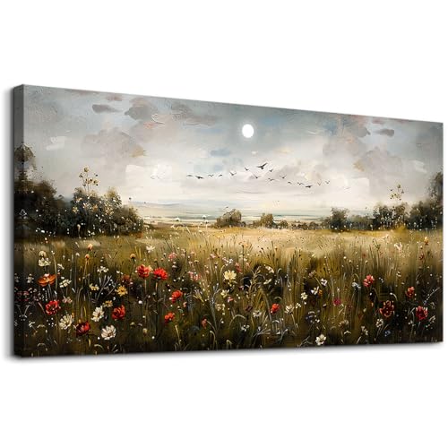 Large Wall Art Living Room Wall Decor for Bedroom Wildflower Field Vintage Wall Art Canvas Prints Paintings Farmhouse Artworks Pictures Modern Aesthetic Home Wall Decoration Ready To Hang