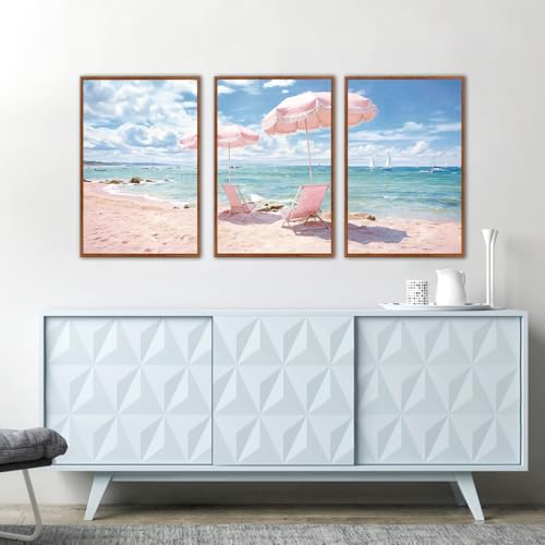 KAlRNE Pink Coastal Framed Art Prints Ocean Canvas Wall Art Set (3 Count)