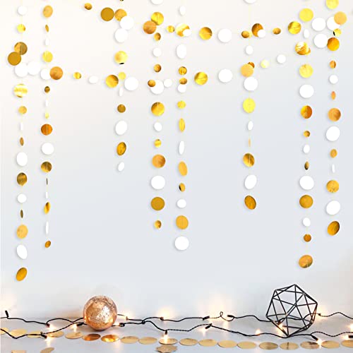46 Feet White and Gold Circle Dots Garland Hanging Paper Polka Dots Streamer for Birthday Bachelorette Engagement Anniversary Wedding Bridal Shower Christmas Holiday Party Decorations Supplies
