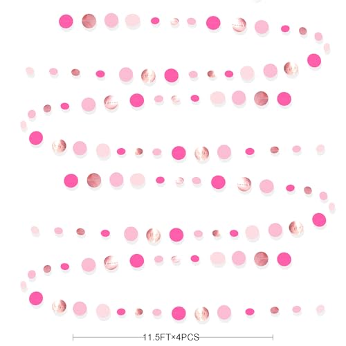 Hot Pink Rose Gold Party Decorations Circle Dots Garland Hanging Polka Dot Streamer for Girls Birthday Bachelorette Wedding Bridal Shower Anniversary Hen Party Supplies