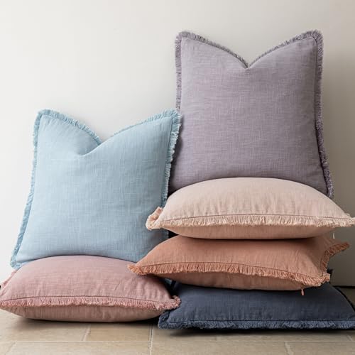 Decorative Linen Fringe Throw Pillow Covers 18×18 Light Purple (2 Count)