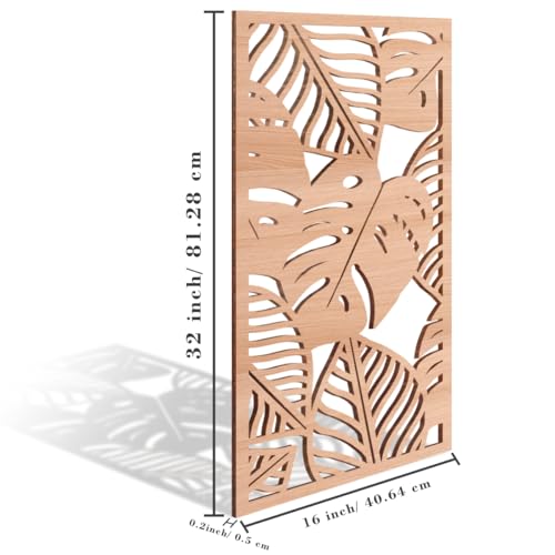Large Wood Tropical Wall Art 15.9X32 Inch Carved Palm Leaves Wall Decor Coastal Leaf Monstera Plant Wall Sculptures for Living Room Bedroom Set of 3