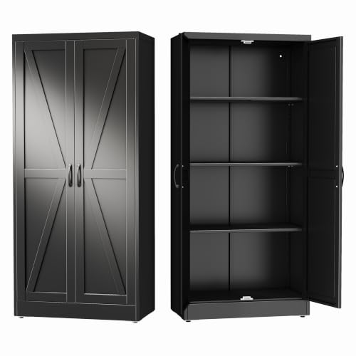 63" Tall Metal Storage Cabinet Black Cupboard Kitchen Pantry Cabinet