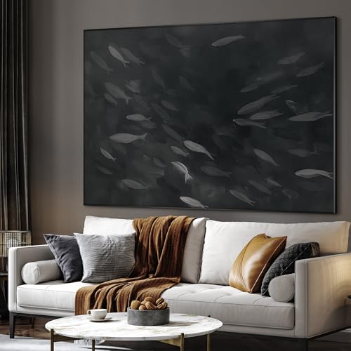 46"x60" Extra Large Framed Wall Art Monochrome Fish Silhouettes Illustration for Home Living Room Bedroom Decor