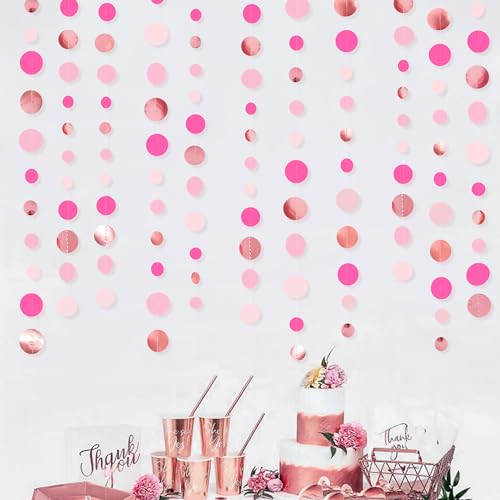 Hot Pink Rose Gold Party Decorations Circle Dots Garland Hanging Polka Dot Streamer for Girls Birthday Bachelorette Wedding Bridal Shower Anniversary Hen Party Supplies