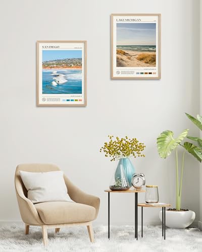 Natural OAK Wood Lake Michigan Framed Wall Art