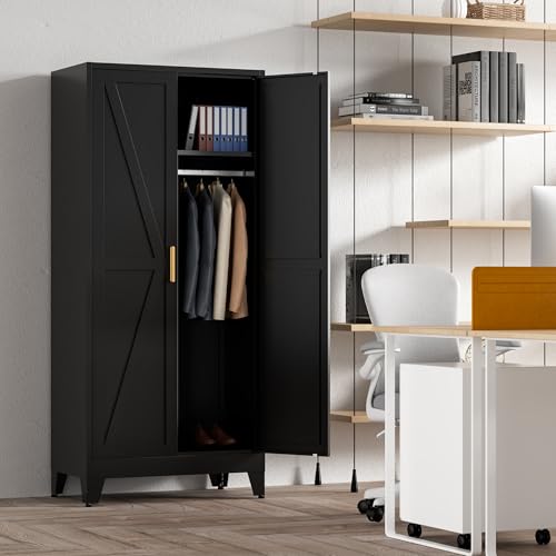 71'' Farmhouse Metal Wardrobe Cabinet with Hanging Rod
