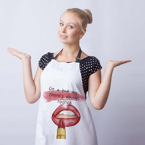 Kitchen Apron for Women Red Lips Quotes on a Bad Day There’s Always Lipstick Funny Aprons for Men for Cooking Restaurant BBQ Painting Crafting Gardening 27”