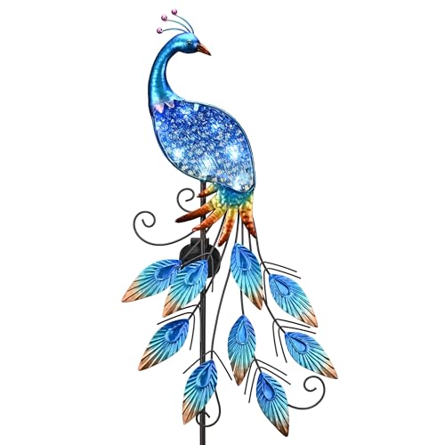 Solar Metal Glass Peacock Stake Light Gift 40"