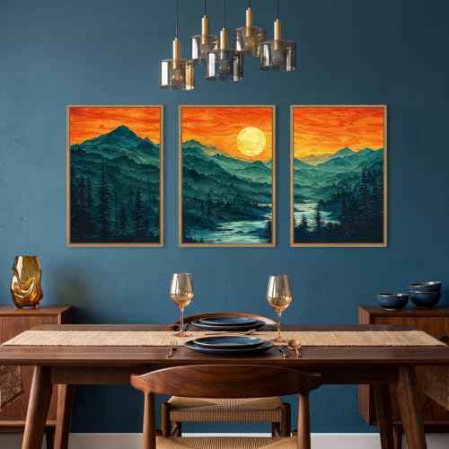 Boho Mountain Sunset Landscape Framed Canvas Wall Art