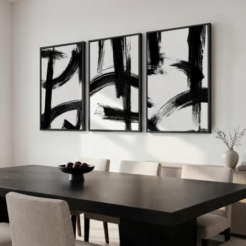Large Framed Black and White Modern Abstract Wall Art Set (3 Count)