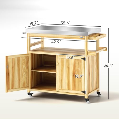 Outdoor Grill Cart with Wheels and Storage Natural Wood