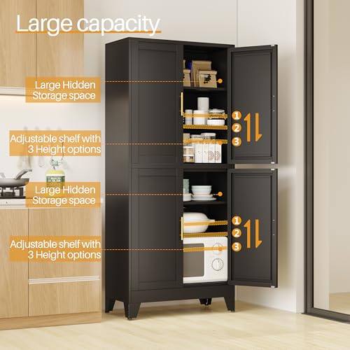 Black Metal Storage Cabinet with 4 Doors and 4 Adjustable Shelves