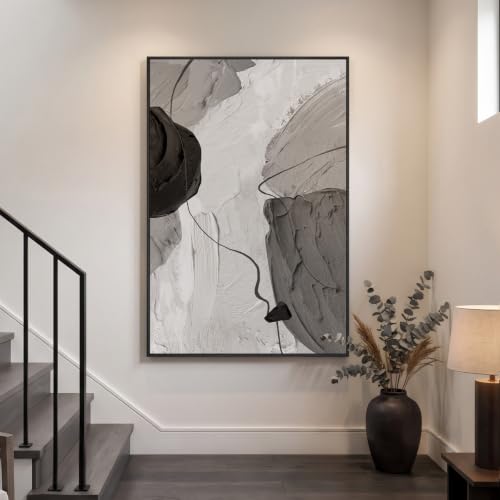 Extra Large Framed Black and White Neutral Abstract Wall Art Vertical 40x60