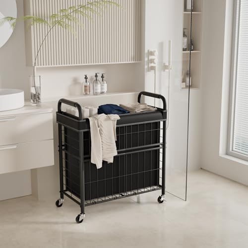 145L Rolling laundry Sorter Hamper Basket 3 Section with Wheels