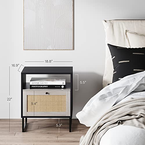 Mina Rattan Wood End Side Accent Table Nightstand with Storage (2 Count)