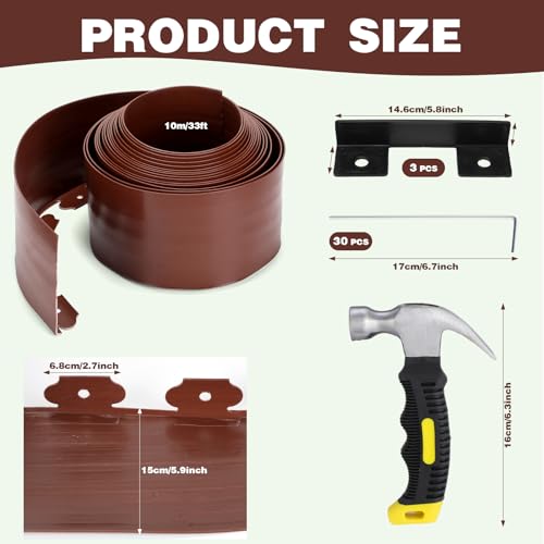 6 Inch Tall 33 ft Length Landscape Plastic Edging Kit with Hammer Spikes Plastic Garden Flower Bed Edging Landscape Border for Gardens Border Grass Yard Lawn