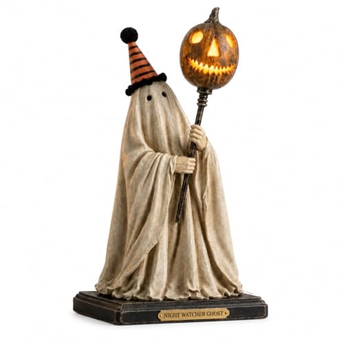 Halloween Ghost Figurine with Pumpkin Lantern Spooky Tabletop Statue Haunted House Decor for Shelf Mantel Entryway Party Desk Home Halloween Seasonal Indoor Decoration Display