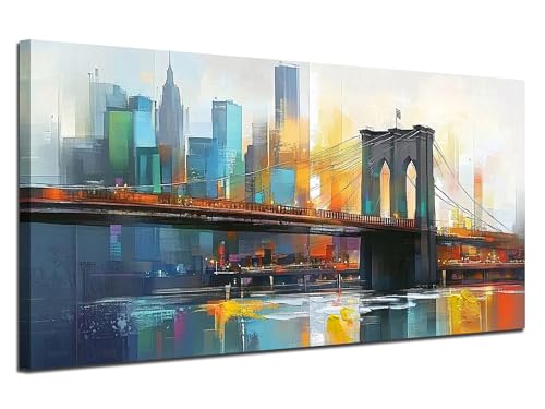 Cityscape Wall Art New York City Canvas for Living Room Painting Brooklyn Bridge Manhattan Bedroom Wall Art for Men Modern Picture Artwork Framed Home Office Wall Decor