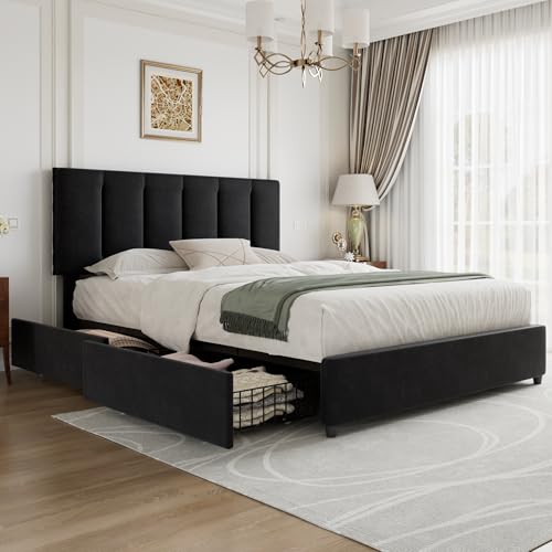 Queen Size Bed Frame with 4 Storage Drawers
