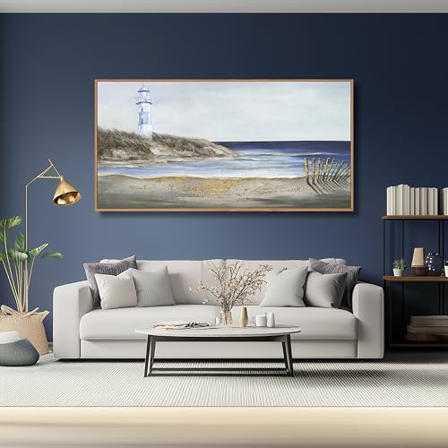 Ocean Wall Art Blue and Grey Wall Decor Framed Canvas Painting Coastal Aesthetic Artwork for Living Room Bedroom Dining Room Office Home Decor 24x48 Inch
