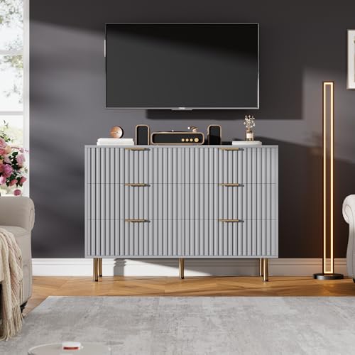 47.2" Fluted Grey 6 Drawer Dresser for Bedroom with Deep Drawers