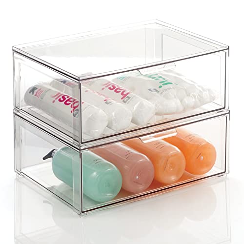 Plastic Stackable Bathroom Storage Organizer Bin Containers with Front Pull Drawer for Bathroom Countertop (2 Count)