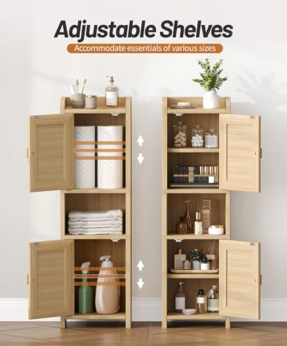9.8''W Rattan Small Bathroom Storage Cabinet 2 Doors Oak
