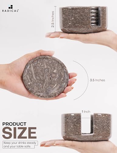 Round Marble Coasters Set of 6 with Holder Oceanic Stone 3.5 Inch (6 Count)