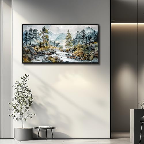 Large Canvas Printing Pictures Artwork Wall Art For Bedroom Wall Decor For Living Room Office Rivulet View Painting Forest Tree Landscape Restaurant Mural Home Decor 20x40 In Black Framed
