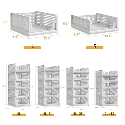 5 Pack Stackable Plastic Storage Basket Closet Organizer Bin Foldable Clothes Organizer Storage Drawer Shelf Container for Living Room Bathroom Kitchen Office Laundry Room 5L (5 Count)