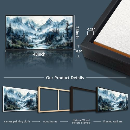 Black Framed Canvas Wall Art For Living Room Large Wall Decor For Office Mountain Wall Painting Fog Forest Landscape Picture Ready To Hang Bedroom Home Decorations Prints Poster 24x48 In