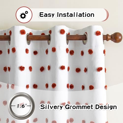 Boho Blackout Curtains for Bedroom with Brick Red Pom Pom Sheer 90 Inch Long 100% Room Darkening Thermal Insulated Curtain for Kids Nursery Living Room Grommet 50" x 90"