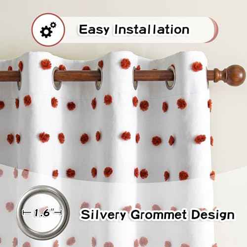 Blackout Bohemian Curtains for Bedroom Thermal Insulated Brick Red Pom Pom Curtain 72 Inch Long for Girls Room White Sheer Drapes for Dining Room Door Grommet