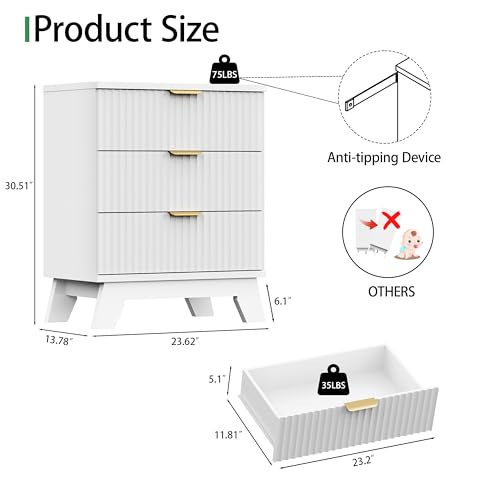 Fluted Dresser for Bedroom with 3 Drawers