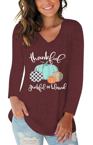 Thanksgiving T Shirt Women Vintage Graphic V Neck Tees Long Sleeve Funny Halloween Party Shirts Wine Red XXL