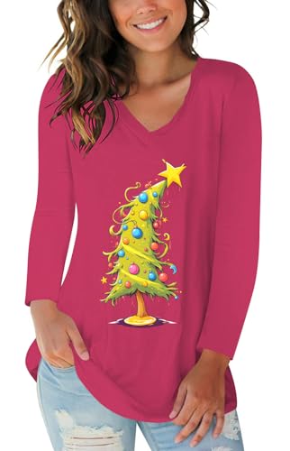 Christmas Tree Tops for Women Cute Merry Christmas Print Tshirts Funny Long Sleeve Xmas Holiday Tee Rose XXL