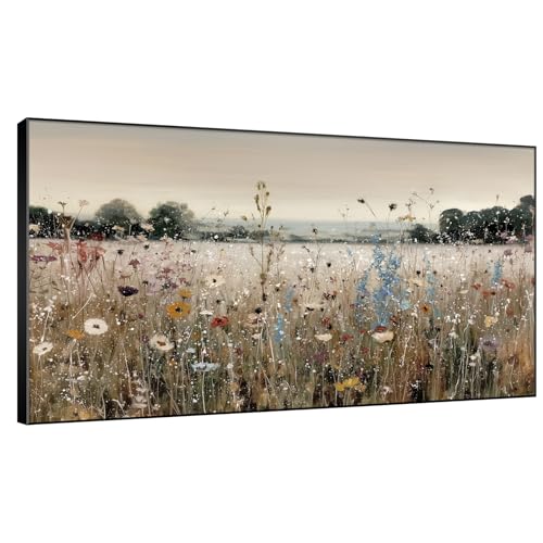 36"x60" Extra Large Framed Wall Art Wildflower Meadow Landscape Soft Pastel Field Illustration for Home Living Room Bedroom Decor