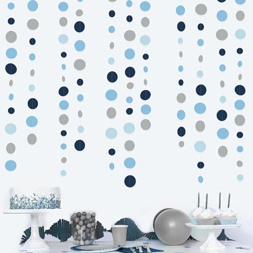 Dusty Blue Party Decorations Navy Blue Circle Dots Garland Gray Blue Hanging Paper Polka Dot Streamer for Wedding Shower Engagement Bridal Shower Birthday Graduation Nautical Themed Party Supplies