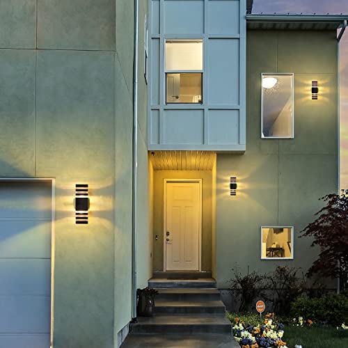 Dusk to Dawn Sensor Outdoor Wall Lights Up Down Porch Lights Modern Exterior Light Fixtures Photocell Waterproof Black Aluminum Housing for Front Porch