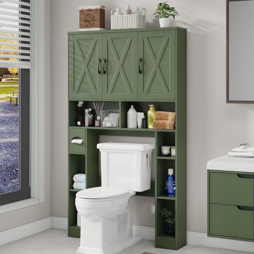 Over The Toilet Storage Cabinet with 3 Barn Doors.Green