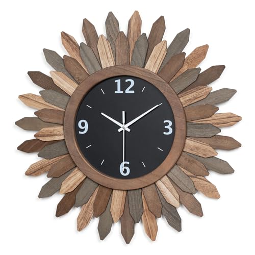 Large Wall Clock Battery Operated 21 in Rustic Wood Boho Sunburst Decorative Wall Clock Silent Non Ticking Farmhouse Wall Clocks for Living Room Bedroom Kitchen Bathroom Decor