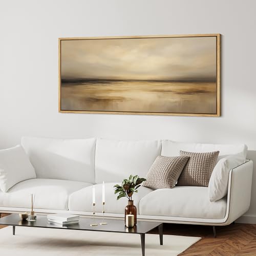 Extra Larg Framed Canvas Print Wall Art Golden Sunset Horizon Abstract Modern Neutral Illustrations Decorative Colorful for Bedroom
