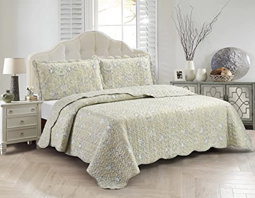 Classic Grey Floral Toile in Beige Hues Quilt Set
