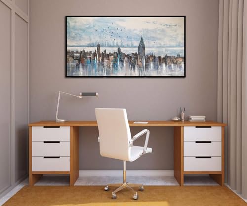 Cityscape Wall Art New York City Buildings Picture Modern Abstract Grey Skyline Birds NYC Painting Artwork for Bedroom Living Room Bathroom Home Office Decor